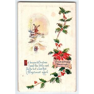 Vintage Christmas Postcard Snowy Windmill Scene with Poinsettia & Holly
